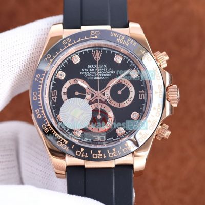 Replica Rolex Daytona Rubber Strap Black Face Black Ceramic Bezel Watch 43mm